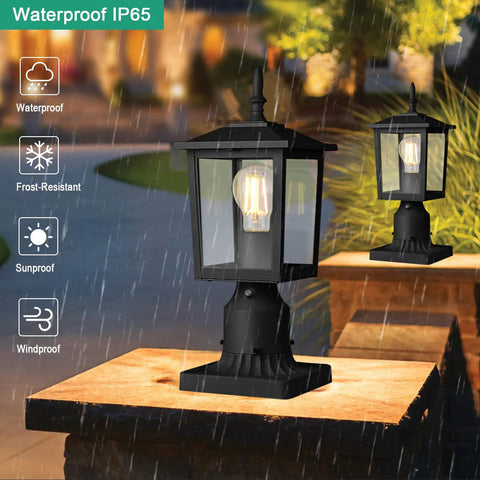 Outdoor Post Light Fixture With Dusk To Dawn Sensor Six Inch Aluminum Lantern With Clear Glass in rain at night