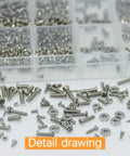304 Stainless Steel Metric Micro Screws And Nuts Set 1110 Pcs Assortment M1 To M2.5 Phillips Pan Head Fully Threaded, close-up view