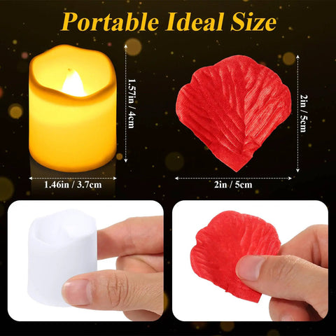 Flameless LED Tealight Candles Set With Rose Petals for Romantic Date Night Table Decor showing size comparison of candle and petal