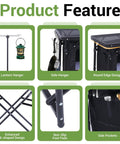 Collage of features for All In One Camping Kitchen Station With Light Stand And Windshield, showing lantern hanger, side pockets, and foot pads.