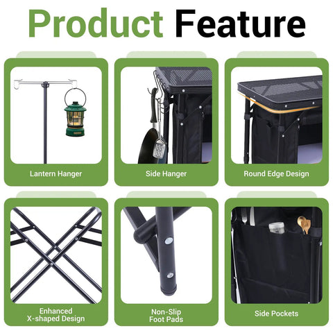 Collage of features for All In One Camping Kitchen Station With Light Stand And Windshield, showing lantern hanger, side pockets, and foot pads.