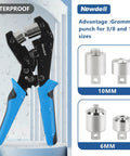 Easy Grommet Plier Kit With 500 Silver Eyelets 3/8-Inch And 1/4-Inch For Fabric Tarps And Leather Durable Punch Tool Set shown with plier.