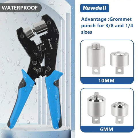 Easy Grommet Plier Kit With 500 Silver Eyelets 3/8-Inch And 1/4-Inch For Fabric Tarps And Leather Durable Punch Tool Set shown with plier.