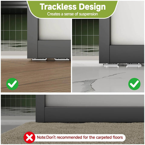 Concealed Sleek Sliding Glass Barn Door Kit With Soft Close Hardware, shown on wood and tile flooring. Not for carpeted floors.