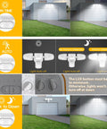 Diagram of Outdoor Motion Sensor Flood Lights With 30W 3500LM Output Dusk To Dawn IP65, showing modes and light placement on garage.