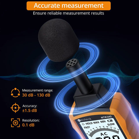 Compact Decibel Meter With A And C Weighting For Real World Noise Readings, 30 To 130 dB Digital Sound Level Meter For Environmental, Industrial, And Studio Use with foam windscreen