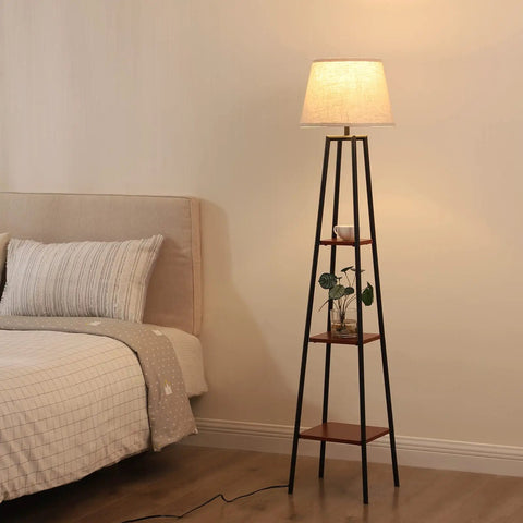 Farmhouse Style 65 Inch Floor Lamp With Three Tier Wood Shelves And Beige Linen Drum Shade Tall Standing Reading Light For Living Room Bedroom And Office next to bed