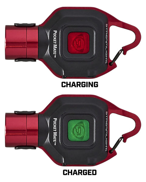 Ultra Compact 325 Lumen USB Rechargeable Keychain Clip Light Red, Pocket Mate charging and charged states indicator