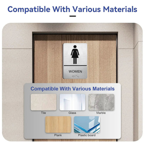 ADA Braille Restroom Sign Set 9 By 6 Inches Self Adhesive Silver Two Pack For Men And Women Bathroom Door Signs High Contrast Graphics