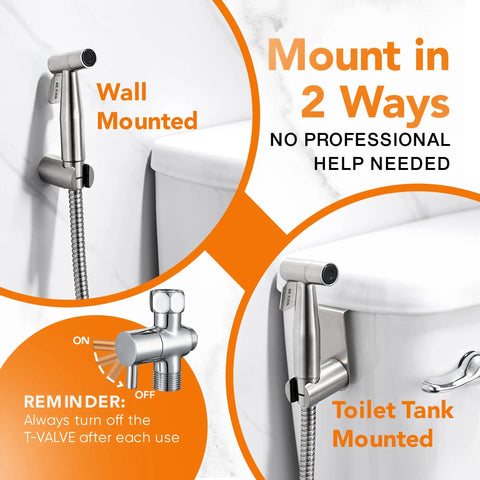 Versatile Handheld Bidet Sprayer Kit With Stainless Steel Attachment for wall and toilet tank mounting, easy installation