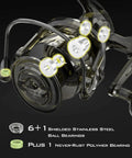 Badass Offshore Beast Saltwater Spinning Fishing Reel 6000 Size Gold construction showing 6+1 shielded stainless steel ball bearings.