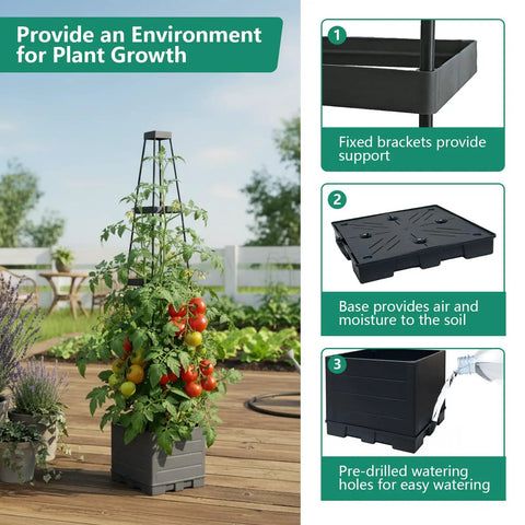 Two Pack Raised Garden Bed Planter Box With Trellis 58 Inch Tomato Planter For Climbing Plants Vegetables Vines And Flowers Self Watering Tomato Cage For Garden Patio Outdoor Or Indoor Use with tomatoes and trellis in garden setting.