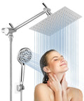 Woman enjoying water flow from High Pressure Rain Shower Head With Handheld And 9 Settings, 8 Inch Rainfall Shower Head With 11 Inch Extension Arm