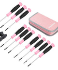 Slick 10 Piece Precision Screwdriver Set With Ergonomic Comfort Grip And Sturdy Pink Pouch For Electronics Repair and watch maintenance.
