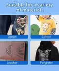 50 Sheets DTF Transfer Film Eight Point Five By Eleven Clear Transfer Paper For Inkjet Printers PET Heat Transfer Paper showing denim, cotton, leather, polyester use.