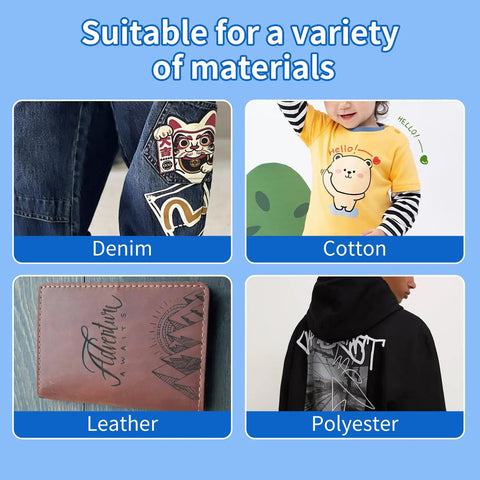 50 Sheets DTF Transfer Film Eight Point Five By Eleven Clear Transfer Paper For Inkjet Printers PET Heat Transfer Paper showing denim, cotton, leather, polyester use.