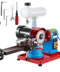 Heavy Duty Rotary Blade Sharpener With Water Injection Cooling For TCT Saw Blades And Carbide Tips Sharpening Machine in red and blue with tools.
