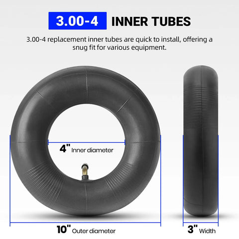 Beefy Heavy Duty 3.00-4 Inner Tubes With TR87 Bent Valve Stem for 10 inch Tires, shown flat and side view, dimensions visible