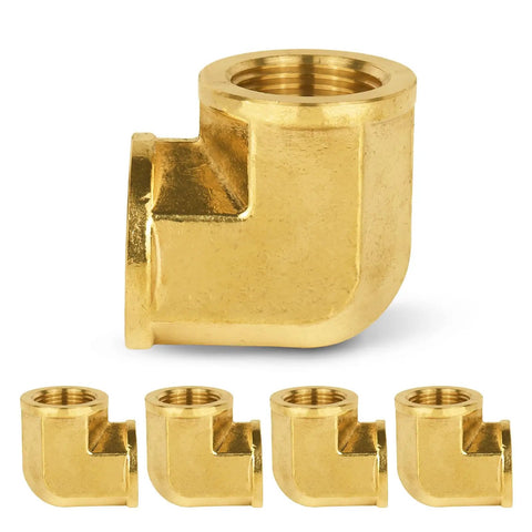 5 Pack Brass Pipe Fittings 90 Degree Street Elbow 3/4 Inch Female NPT X 3/4 Inch Female NPT Elbow Set shown in close-up view