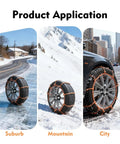 Heavy Duty Car Snow Tire Chains 12 Piece Set Spiral Anti Skid Traction Straps on tire in suburb, mountain, and city settings.