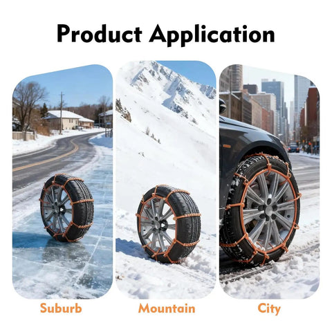 Heavy Duty Car Snow Tire Chains 12 Piece Set Spiral Anti Skid Traction Straps on tire in suburb, mountain, and city settings.