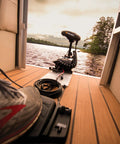 PowerDrive Bow Mount Electric Trolling Motor With GPS Spot Lock, Dual Spectrum Chirp Sonar, 55 Lb Thrust, 54 Inch Shaft on boat deck