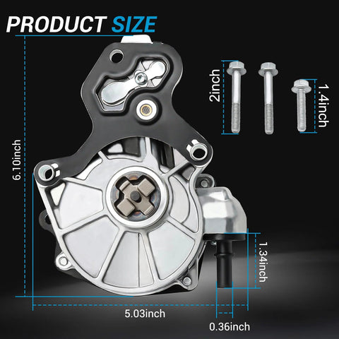 Brake booster vacuum pump, silver/black metal housing with three mounting bolts; 6.1in tall by 5.03in wide.
