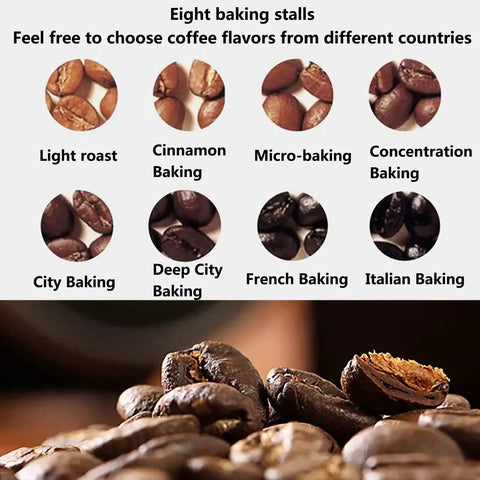 Different coffee beans showcasing flavors like Light Roast and French Baking for Next Level Automatic Home Coffee Bean Roaster.