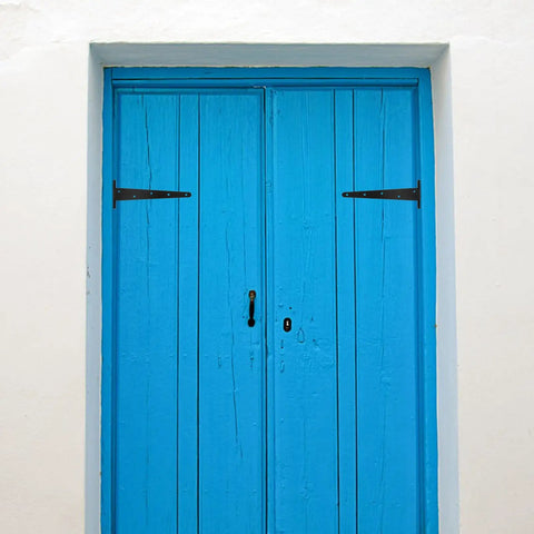 Blue door with Beefy Heavy Duty Outdoor Gate Hinge With Extended T Shape Design And Ball Bearing, 12 Inch Slotted Bearing Hinge
