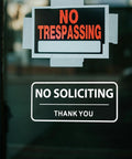 Clear No Soliciting Sign 3x7 Inch For Front Door And Window Waterproof UV Proof Vinyl Decal on glass with No Trespassing sign above