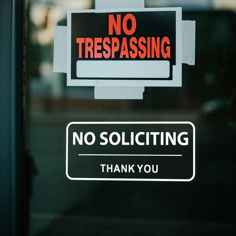 Clear No Soliciting Sign 3x7 Inch For Front Door And Window Waterproof UV Proof Vinyl Decal on glass with No Trespassing sign above