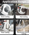 Heavy Duty Electric Concrete Saw Handheld Circular Cutter With Inline Water Mist System Eight Kilowatt Wall Grooving Machine cuts stone, walls, floors, and reinforced concrete.