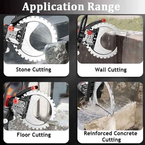 Heavy Duty Electric Concrete Saw Handheld Circular Cutter With Inline Water Mist System Eight Kilowatt Wall Grooving Machine cuts stone, walls, floors, and reinforced concrete.