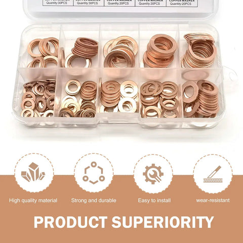 Copper Crush Washer Kit 200 Piece Assortment For Oil Drain Plugs And Gaskets Flat Ring Seals In Nine Sizes storage box