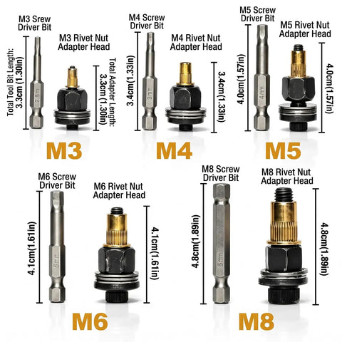 Heavy Duty Carbon Steel Rivet Nut Tool Kit With M3 To M8 Interchangeable Mandrels And Nutserts For Quick Durable DIY Friendly Threaded Insert Installations In Metal Aluminum And Sheet Steel Projects, M3 to M8