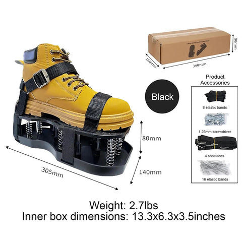 Lawn Aerator Shoes With No Fuss Self Leveling Spikes And Spring System 3 Inch Ground Stakes, black, shown with box and accessories
