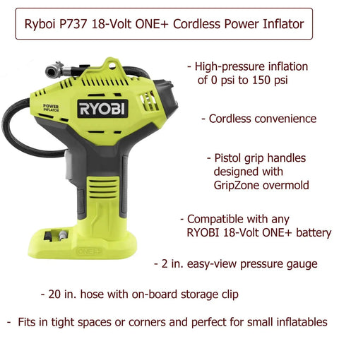 18 Volt One Plus Tire Inflator Bundle With Battery And Charger And Buho Flashlight showing high-pressure inflation and cordless design