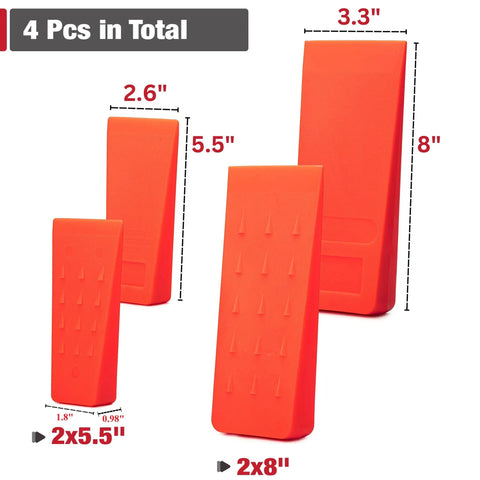 Heavy Duty Tree Felling Wedges 4 Pack With Tough As Nails Spike Bases Guaranteed No Pinch Split High Impact Abs Plastic, 2 large and 2 small wedges.