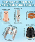 IPT60 Plasma Cutter Consumables Kit 23 Piece Replacement Set With Electrodes Nozzles Swirl Ring Retaining Cap Stand Off ARCCAPTAIN CUT55 Non HF CUT60 Non HF Compatibility displayed with dimensions