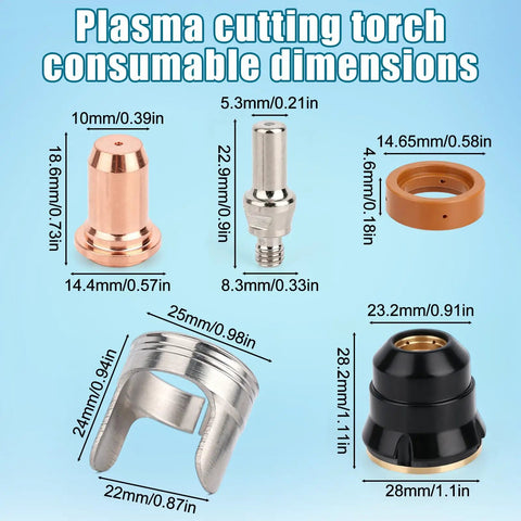 IPT60 Plasma Cutter Consumables Kit 23 Piece Replacement Set With Electrodes Nozzles Swirl Ring Retaining Cap Stand Off ARCCAPTAIN CUT55 Non HF CUT60 Non HF Compatibility displayed with dimensions