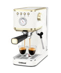 Slick Compact Espresso Maker With Crackin Hot 30 Second Heat Up And 20 Bar Italian Pump For Rich Crema Lattes Featuring Pro Milk Frothing Wand In Sleek White And Gold brewing espresso in two glasses.