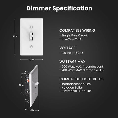 Toggle Dimmer Switch For Dimmable LED Bulbs With Single Pole Or 3 Way Setup, Easy Install Specifications Diagram