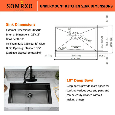 Diagram and image of Undermount Bar Sink 15x19 In 16 Gauge Stainless Steel, Single Bowl For RV and outdoor kitchens, with dimensions.