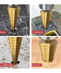 Premium 6Pc Step Drill Bit Set With Titanium Coating For Iron Wood And Metal, Huge Range From 3mm To 32mm To Punch Perfect Holes Like A Boss Without Breaking A Sweat. titanium step drill bits cutting iron, copper, aluminum, and wood
