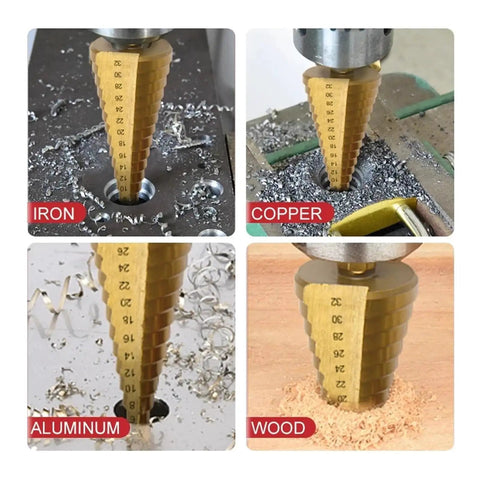 Premium 6Pc Step Drill Bit Set With Titanium Coating For Iron Wood And Metal, Huge Range From 3mm To 32mm To Punch Perfect Holes Like A Boss Without Breaking A Sweat. titanium step drill bits cutting iron, copper, aluminum, and wood