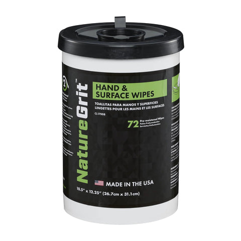 Front view of NatureGrit Hand & Surface Wipes canister with green label, 72 pre-moistened wipes per canister