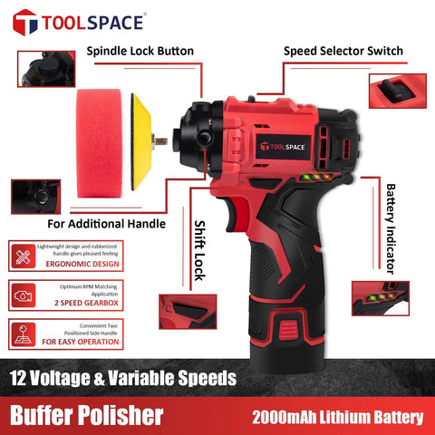 12V Cordless Buffer Polisher Kit With 3 Inch Mini Car Buffer And Sander, Includes 2 Li Ion Batteries, ergonomic design features