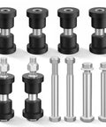 EZGO TXT Rear Leaf Spring Bushings Kit For 1994 And Up Gas And Electric Golf Carts With Sleeves Screws And Nuts Replace OEM 1015583 70289G0 Durable Rear Suspension Upgrade, showing black bushings and silver sleeves with nuts and bolts on a white background