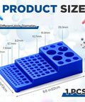 Dimensions and hole diameters of multifunctional test tube vial rack tray for 0.2ml to 50ml tubes in blue, stackable trapezoidal holder.