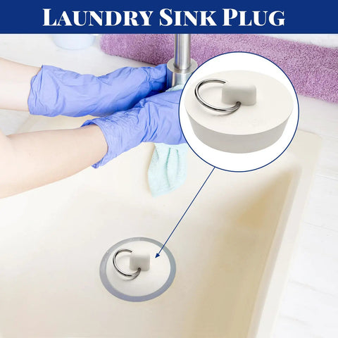 Heavy Duty Six Piece Rubber Drain Stopper Set For Bathroom Sink And Bathtub With Clearly Labeled Sizes And No Sweat Quick Swap White Zero Leak Bath Accessory, shown in use in a laundry sink.